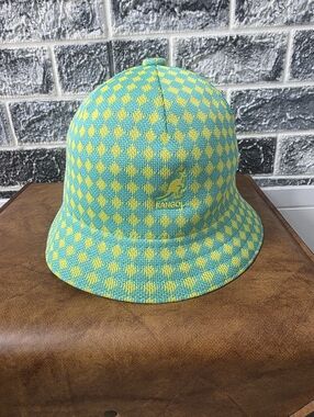 Kangol Kids Teal/ Yellow Checker Knit Bucket Hat Sizw L